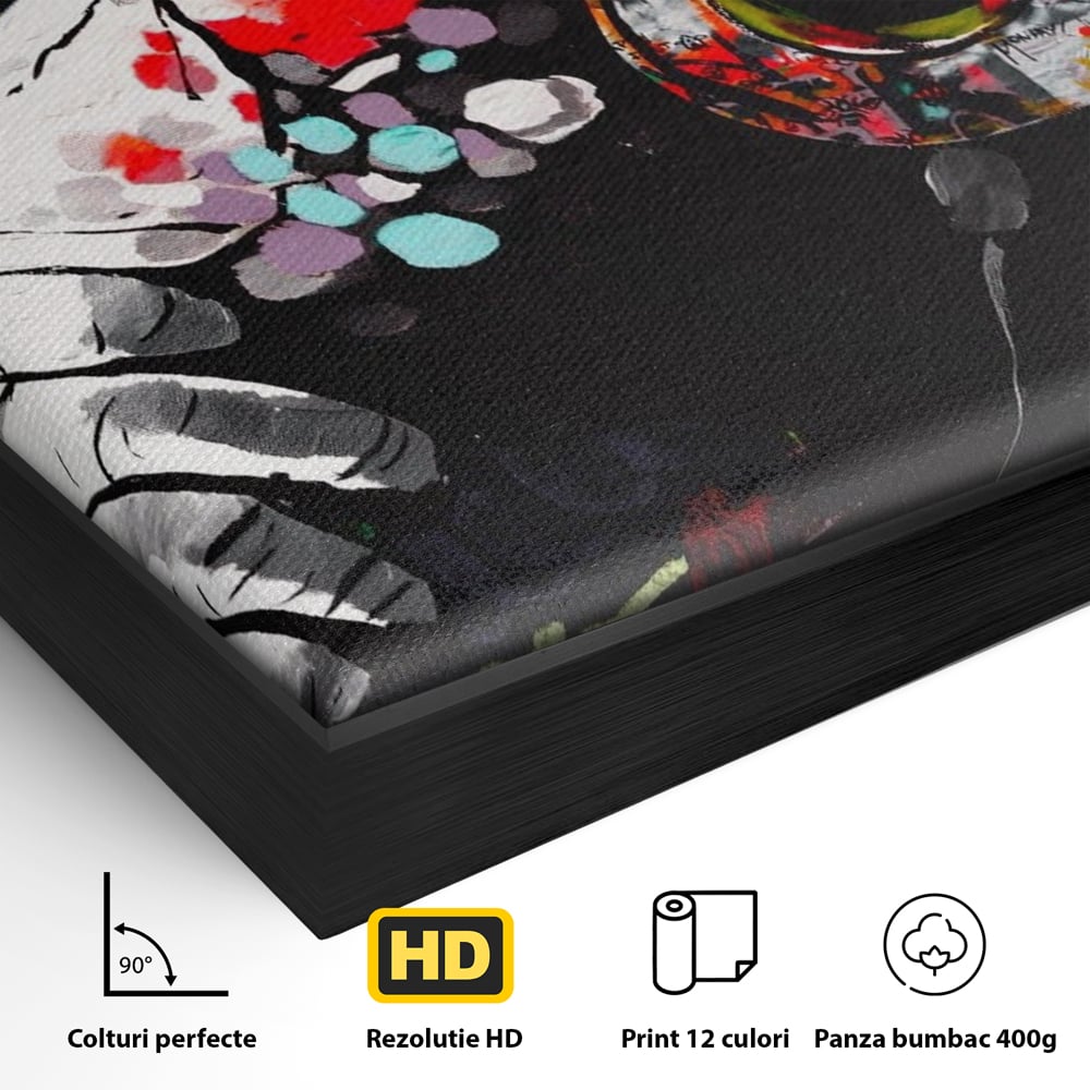 Detaliu al suprafetei: tablou canvas cu maimuta dj, in rama de aluminiu negru